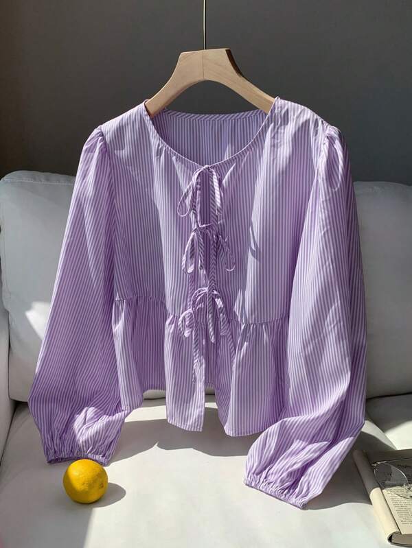 Comfortcana Front Tie Pleated Striped Top