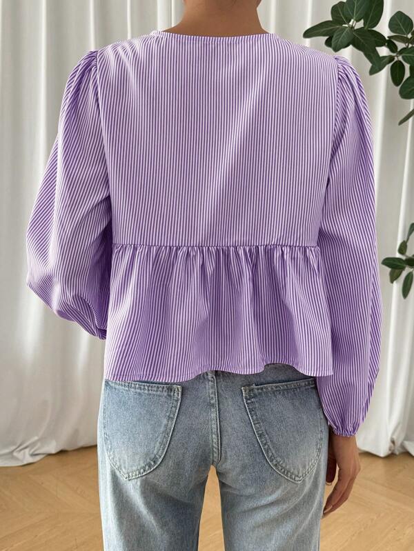 Comfortcana Front Tie Pleated Striped Top