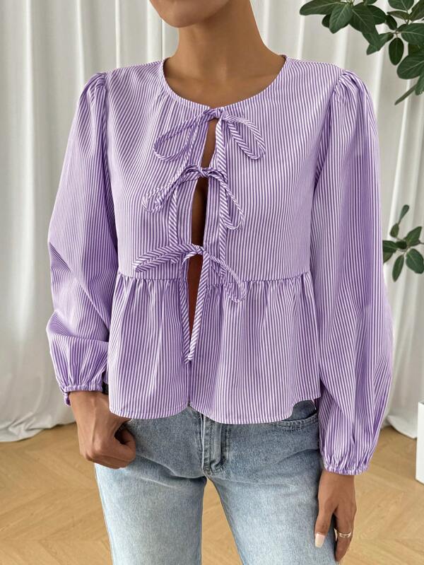 Comfortcana Front Tie Pleated Striped Top