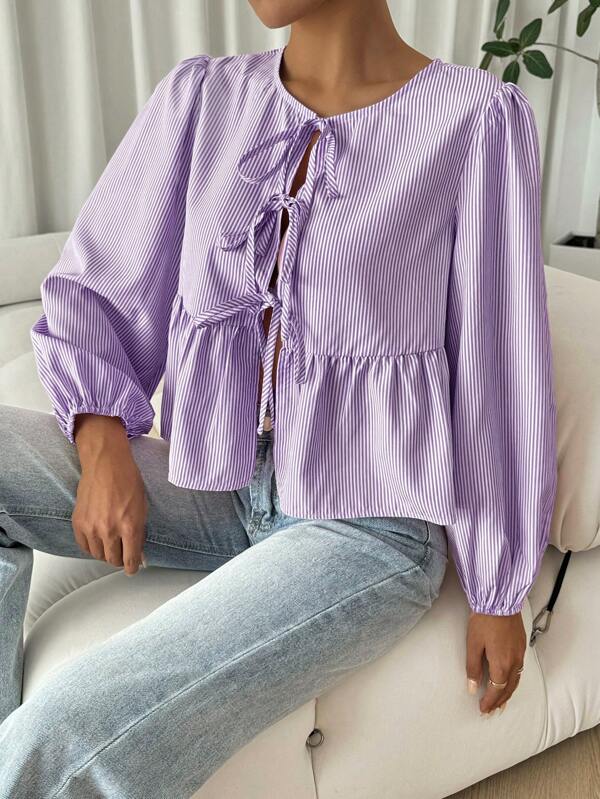 Comfortcana Front Tie Pleated Striped Top