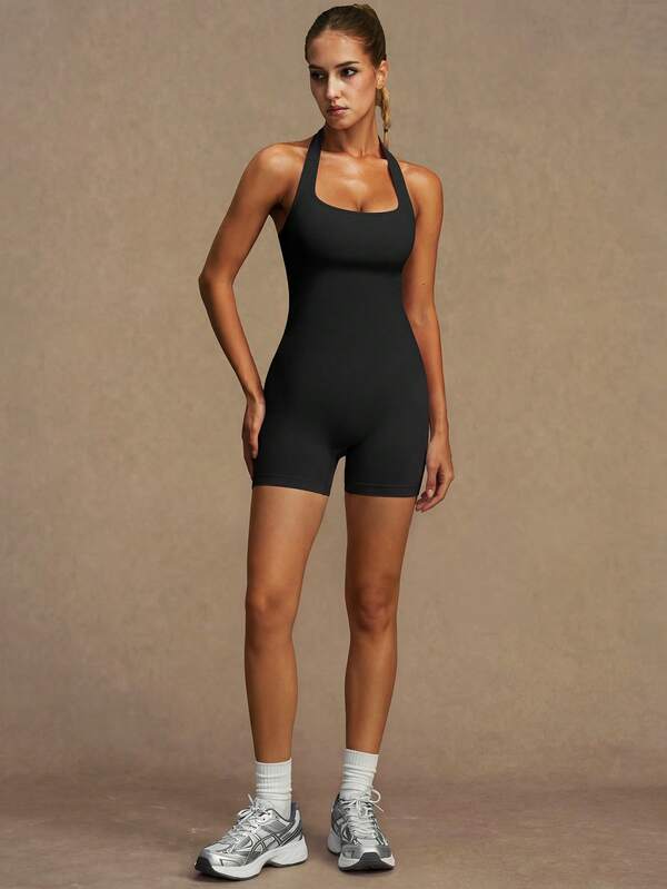 Backless Halter-Neck Sports/Gym Jumpsuit