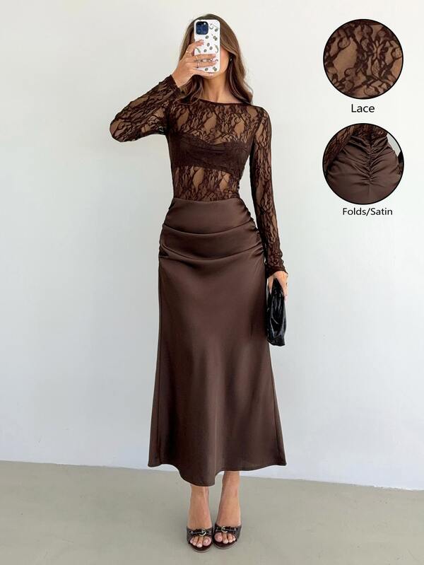 Siren Gaze Women's Fitted Pleated Lace Patchwork Long Satin Skirt: Elegant Brown Floor-Length Underskirt Evening Gown, For Work And Evening Events, Fall