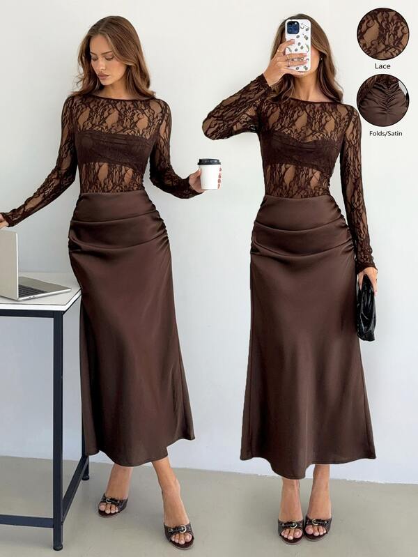 Siren Gaze Women's Fitted Pleated Lace Patchwork Long Satin Skirt: Elegant Brown Floor-Length Underskirt Evening Gown, For Work And Evening Events, Fall
