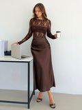 Siren Gaze Women's Fitted Pleated Lace Patchwork Long Satin Skirt: Elegant Brown Floor-Length Underskirt Evening Gown, For Work And Evening Events, Fall