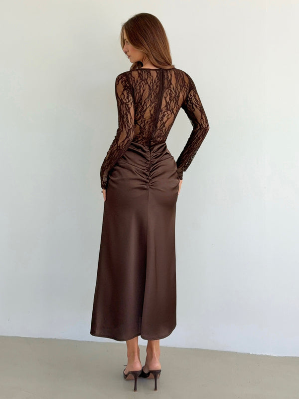 Siren Gaze Women's Fitted Pleated Lace Patchwork Long Satin Skirt: Elegant Brown Floor-Length Underskirt Evening Gown, For Work And Evening Events, Fall