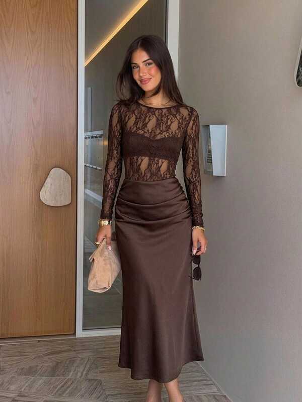 Siren Gaze Women's Fitted Pleated Lace Patchwork Long Satin Skirt: Elegant Brown Floor-Length Underskirt Evening Gown, For Work And Evening Events, Fall